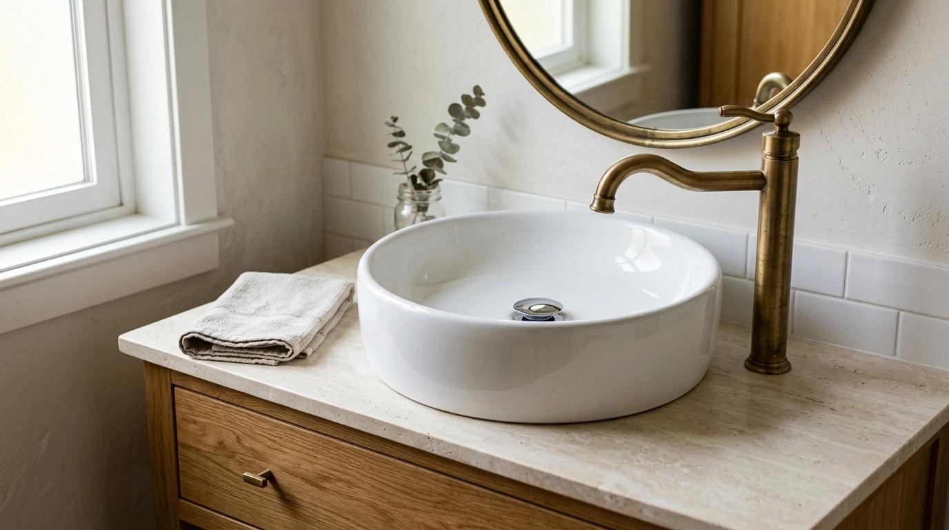 Round Ceramic Vessel Sink + Antique Brass Faucet Guide